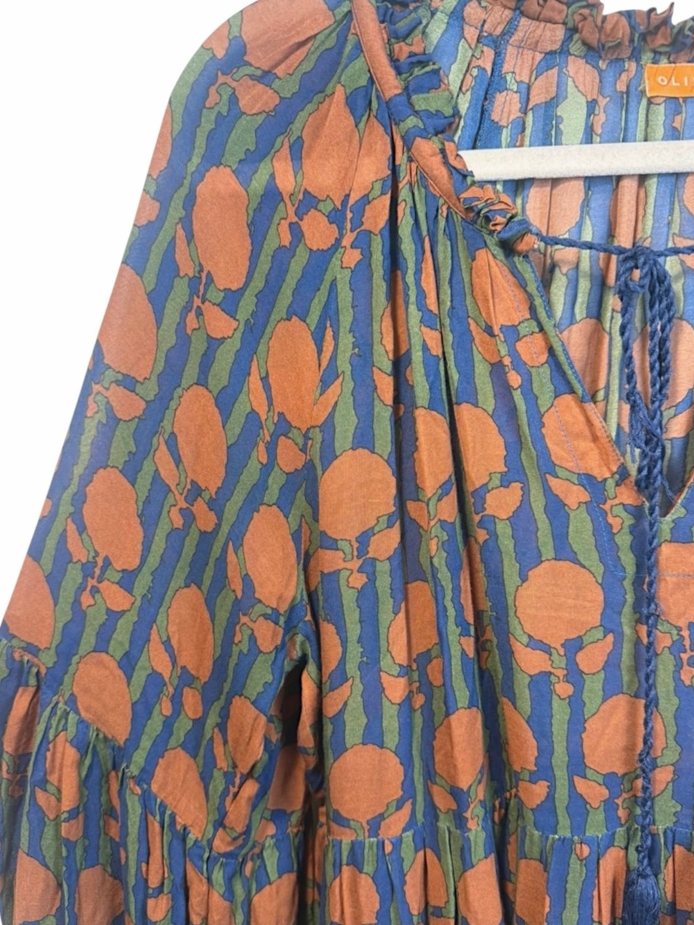 Oliphant Silk Cotton Tie Front Balloon Mini Dress Long Sleeve Tulip Orange - Picture 4 of 13